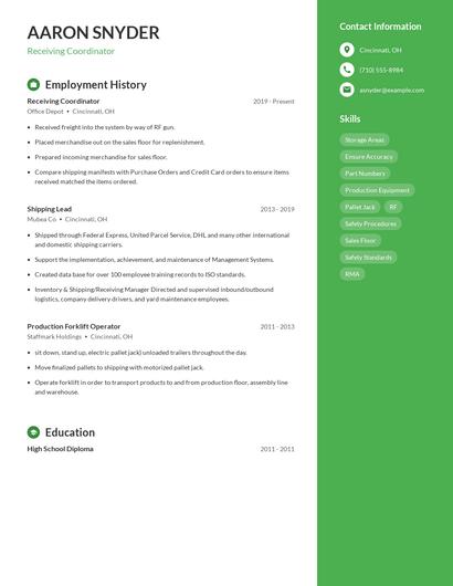 Receiving Coordinator Resume