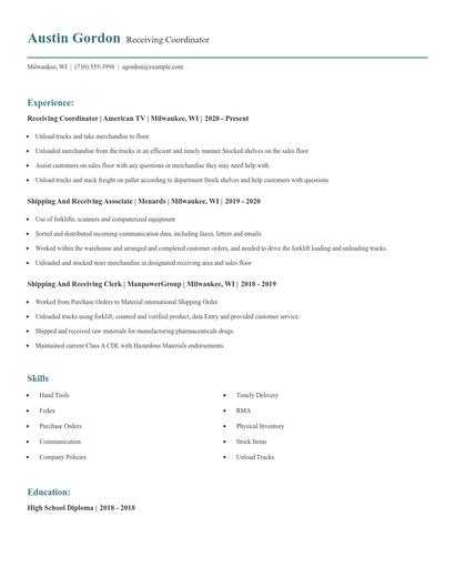 Receiving Coordinator Resume