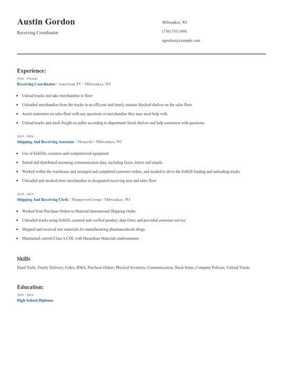Receiving Coordinator Resume