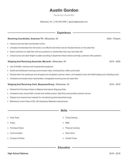 Receiving Coordinator Resume