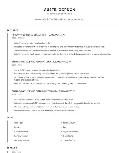 Receiving Coordinator Resume