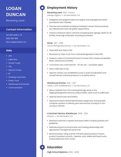 Receiving Lead Resume