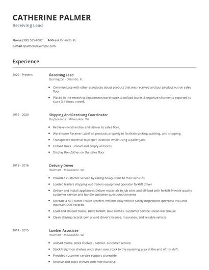 Receiving Lead Resume