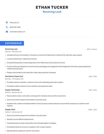 Receiving Lead Resume