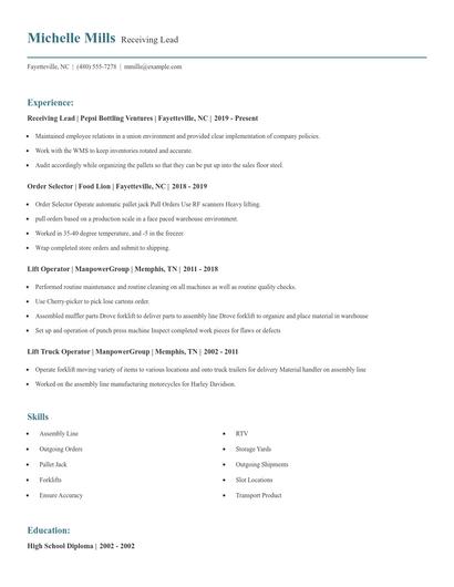 Receiving Lead Resume