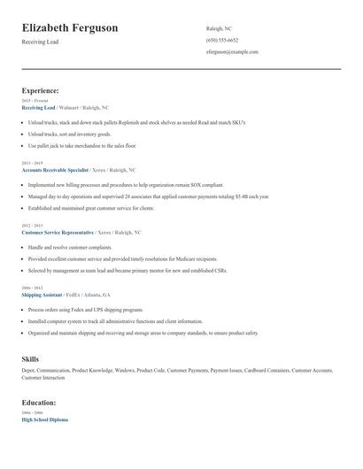 Receiving Lead Resume