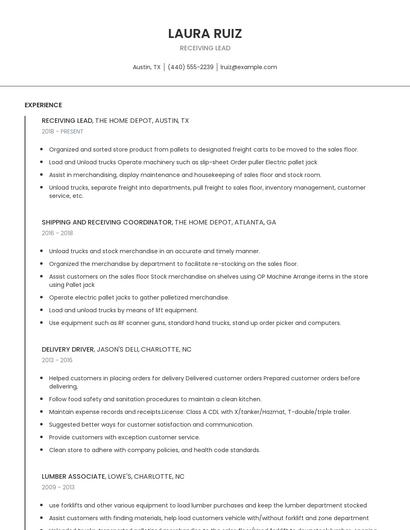Receiving Lead Resume