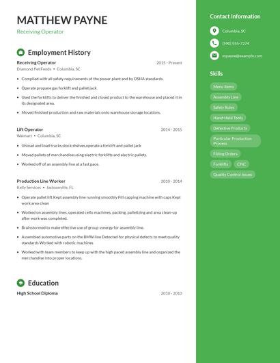 Receiving Operator Resume