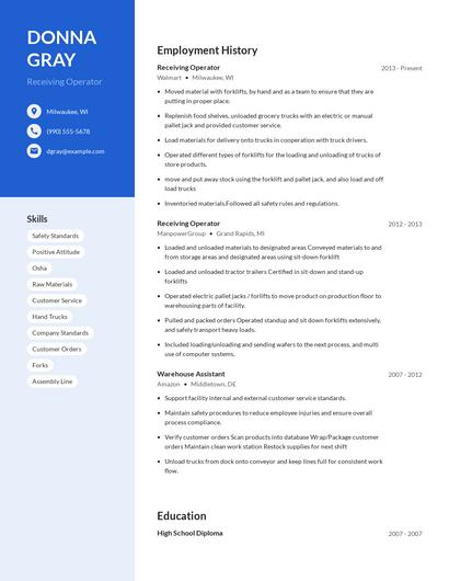 Receiving Operator Resume