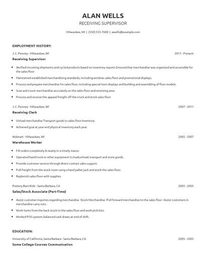 Receiving Supervisor Resume
