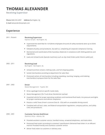 Receiving Supervisor Resume
