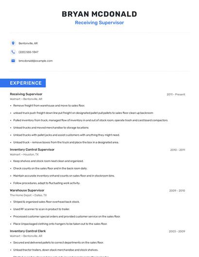 Receiving Supervisor Resume
