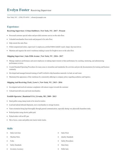 Receiving Supervisor Resume