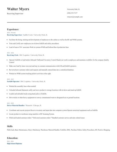 Receiving Supervisor Resume