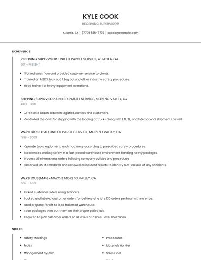 Receiving Supervisor Resume