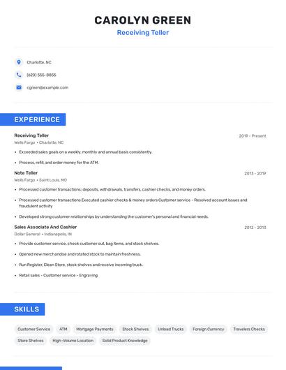Receiving Teller Resume