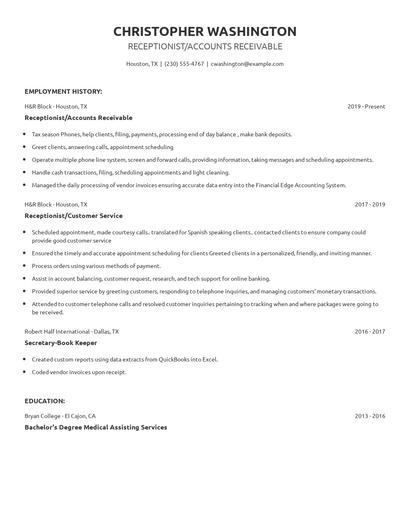 Receptionist/Accounts Receivable Resume