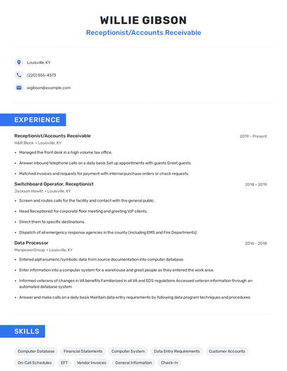 Receptionist/Accounts Receivable Resume