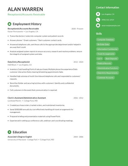 Receptionist/Accounts Receivable Resume