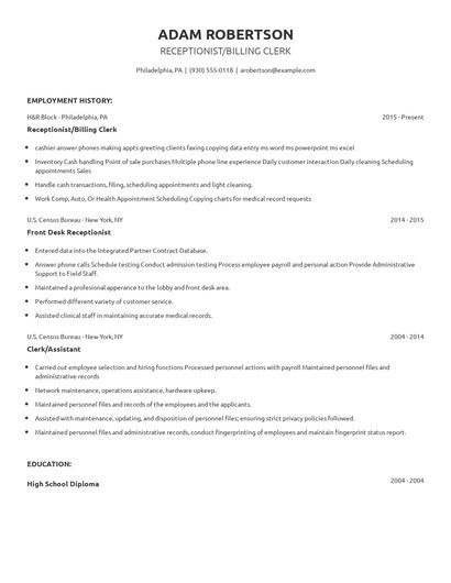 Receptionist/Billing Clerk Resume
