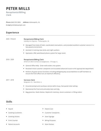Receptionist/Billing Clerk Resume