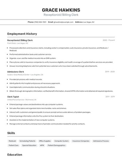 Receptionist/Billing Clerk Resume