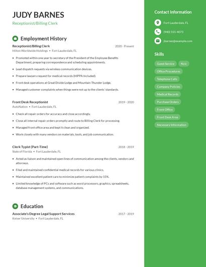 Receptionist/Billing Clerk Resume
