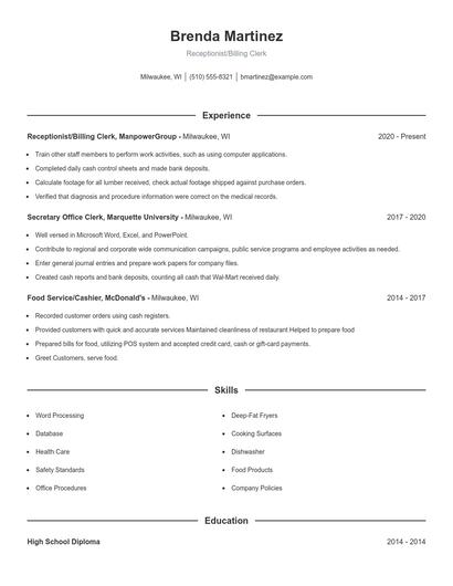 Receptionist/Billing Clerk Resume