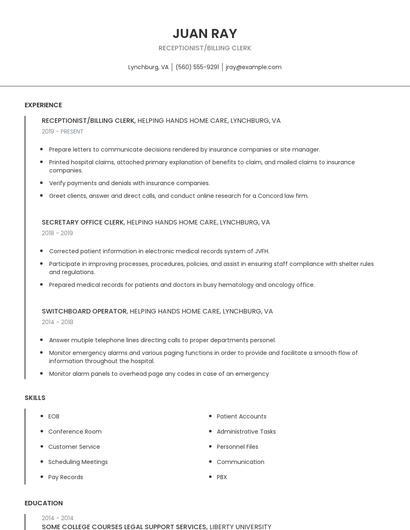 Receptionist/Billing Clerk Resume