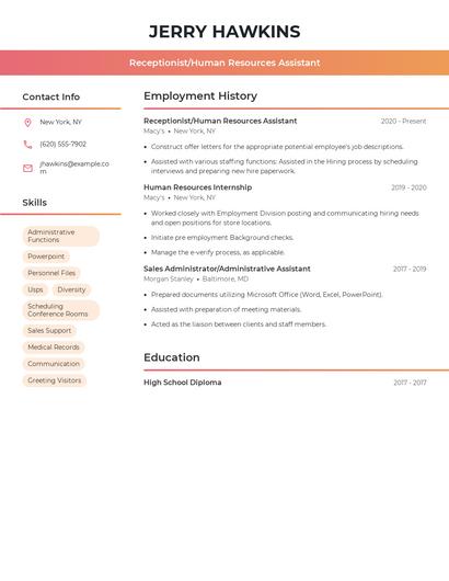 Receptionist/Human Resources Assistant Resume