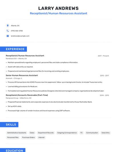 Receptionist/Human Resources Assistant Resume
