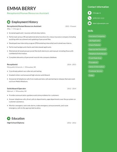 Receptionist/Human Resources Assistant Resume