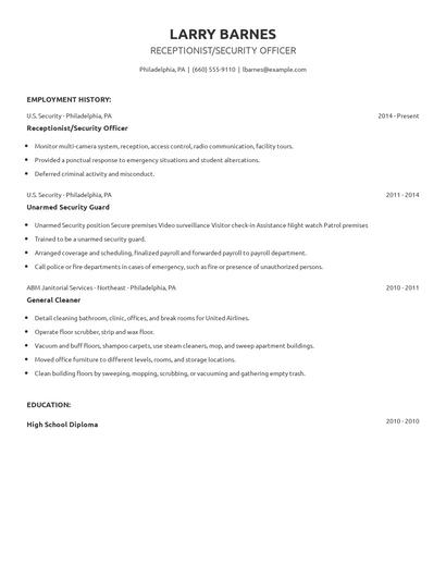 Receptionist/Security Officer Resume