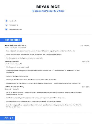 Receptionist/Security Officer Resume