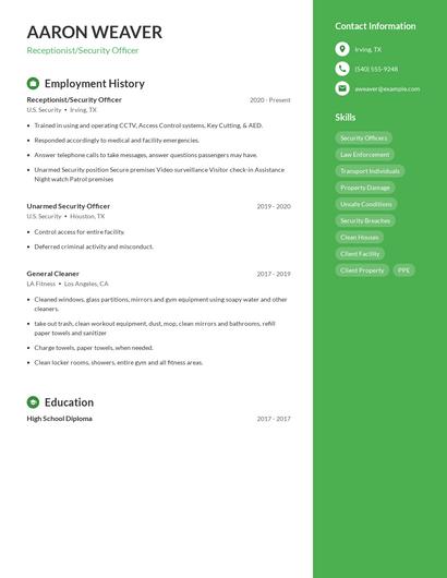 Receptionist/Security Officer Resume