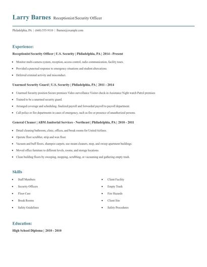 Receptionist/Security Officer Resume