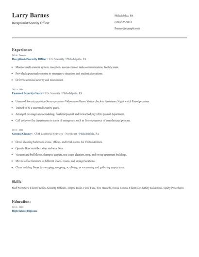 Receptionist/Security Officer Resume
