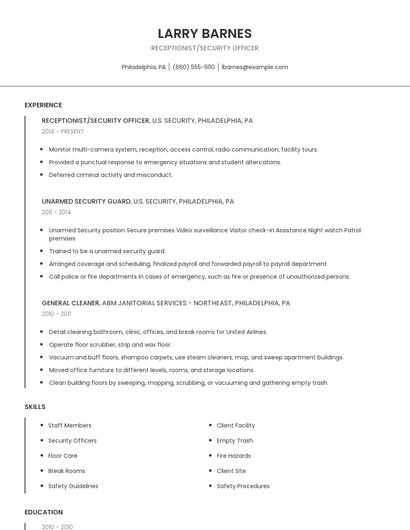 Receptionist/Security Officer Resume