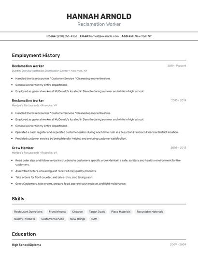Reclamation Worker Resume