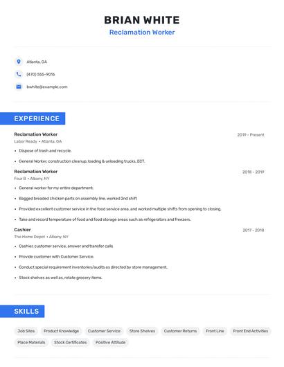 Reclamation Worker Resume