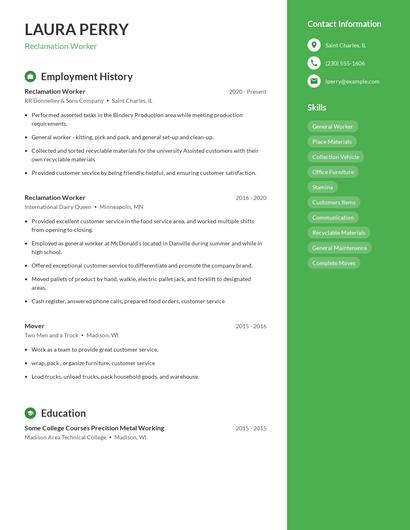 Reclamation Worker Resume