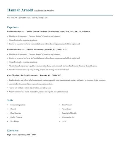 Reclamation Worker Resume