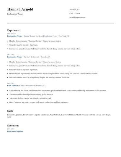 Reclamation Worker Resume