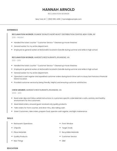 Reclamation Worker Resume
