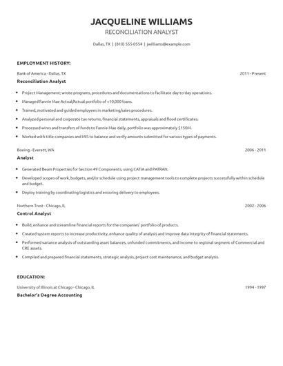 Reconciliation Analyst Resume