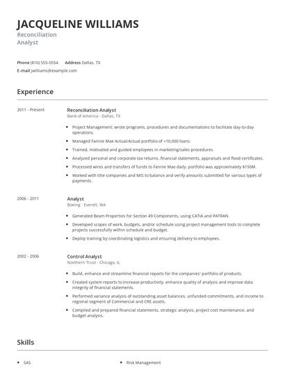 Reconciliation Analyst Resume