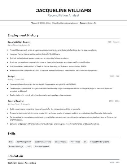 Reconciliation Analyst Resume