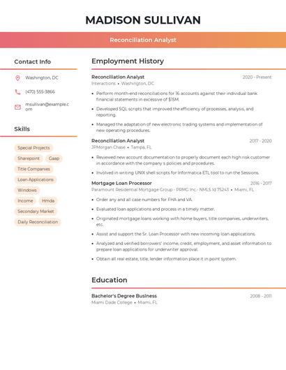 Reconciliation Analyst Resume