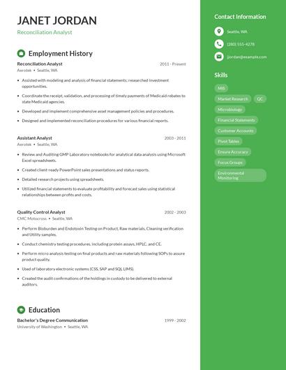 Reconciliation Analyst Resume