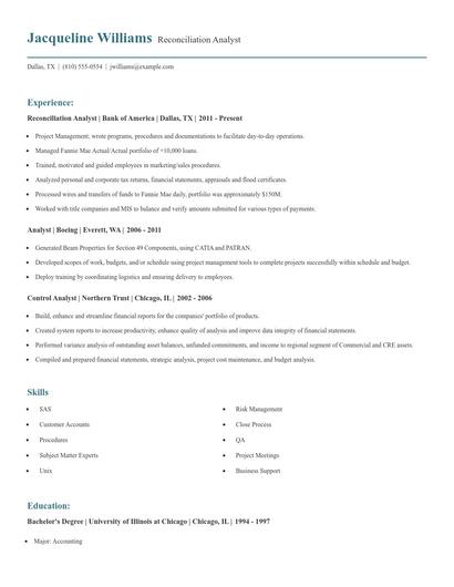 Reconciliation Analyst Resume
